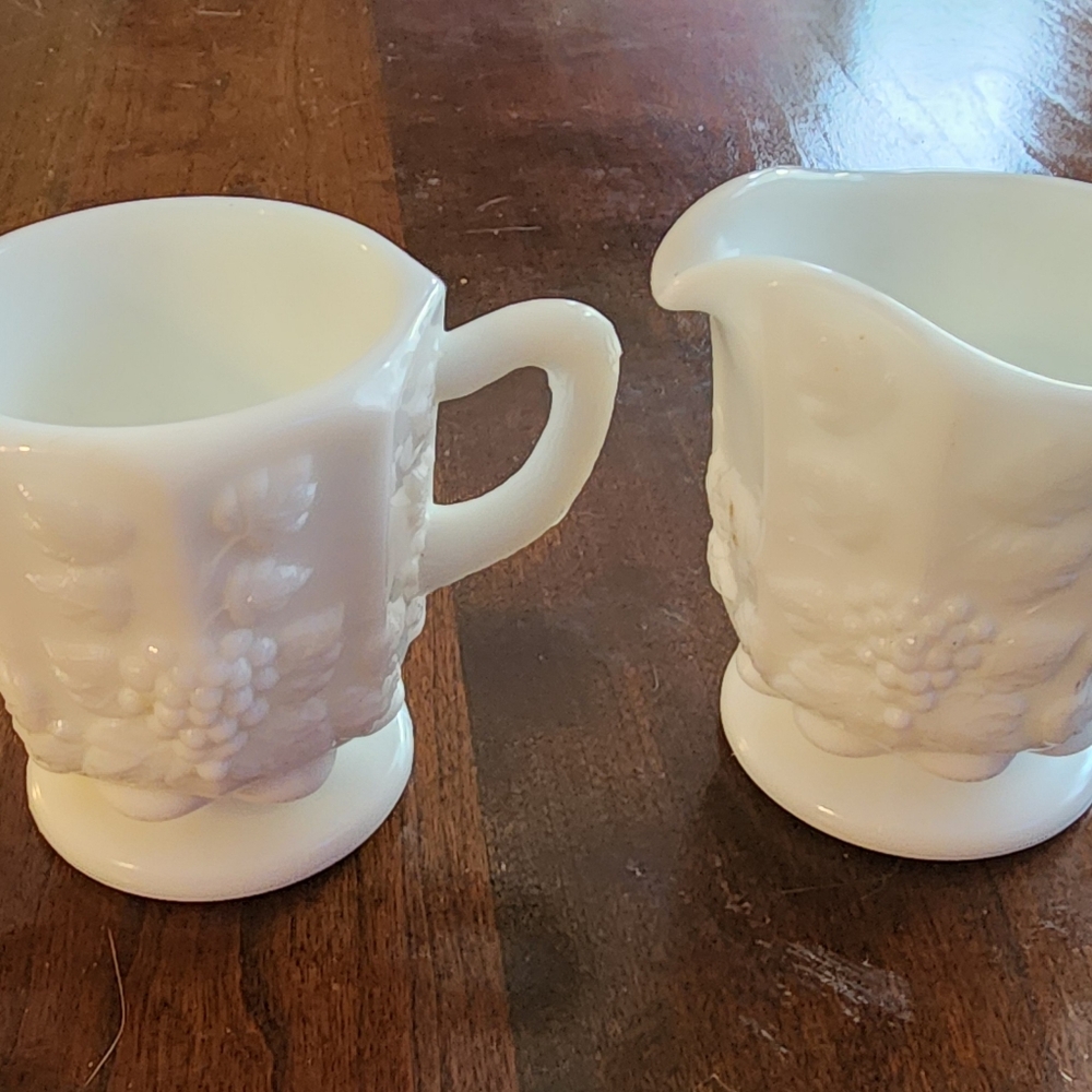 Vintage Westmoreland Milk Glass Paneled Grape Cream and Sugar Set